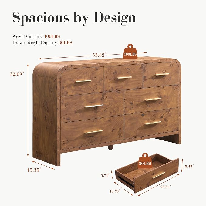 Curved 7-Drawer Dresser for Bedroom, 53.82" Wide Modern Chest of Drawers - Image 2