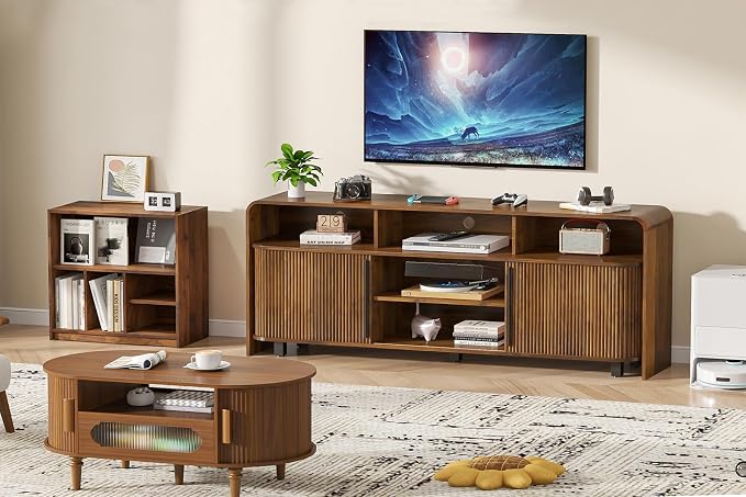 Fluted TV Stand for 75 65 80 Inch TV, 70 Inch Long Walnut Entertainment Center - Image 7