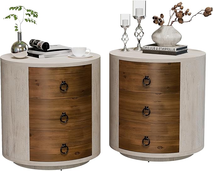 SUNBURY Round Night Stand Set of 2, Farmhouse Bedside Table, Farmhouse End Table by SUNBURY