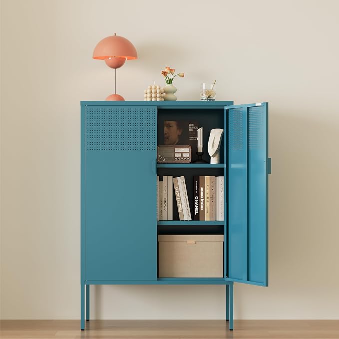 Metal Storage Cabinet, 2 Door TV Stand, Metal Mesh Accent Cabinet, Magnetic - Image 7