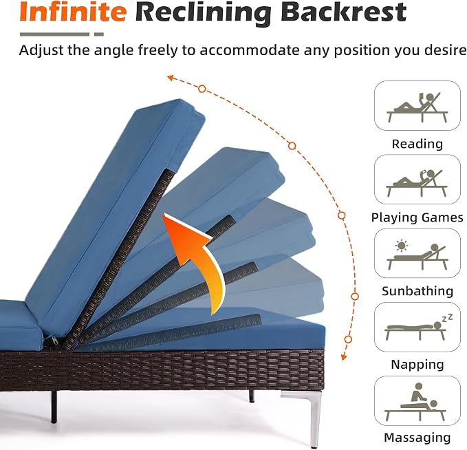 HOMREST Outdoor Chaise Lounge Chair Set of 2, Patio Wicker Lounge Chairs - Image 3