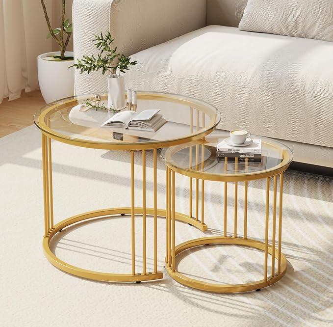 Garden 4 you Nesting Coffee Table, 23.6" Round Coffee Table Set of 2, Glass by Garden4you