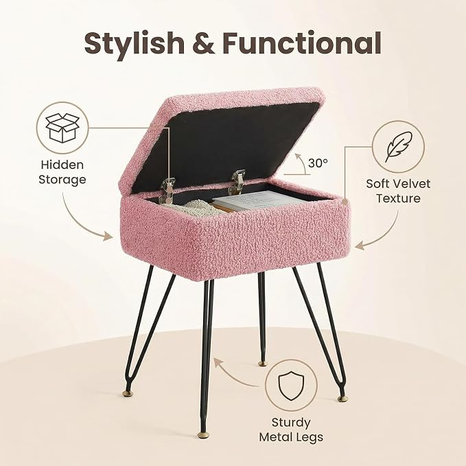 Vanity Stool Chair, Faux Teddy Fur Ottoman Foot Stool - Image 5