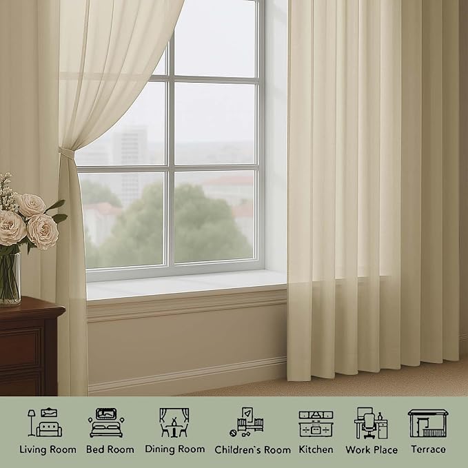 OWENIE Taupe Sheer Curtains 120 Inches Long 2 Panels Set, Airy Lightweight - Image 3
