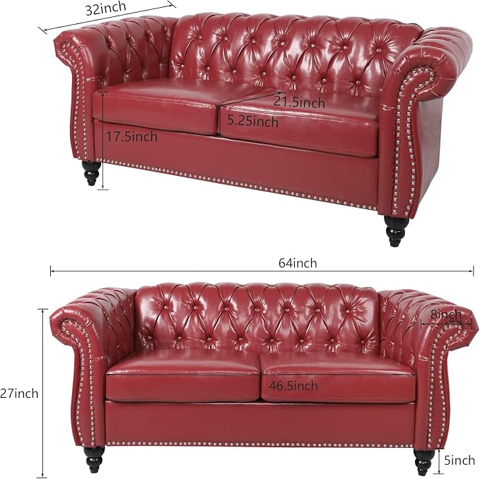 Chesterfield Loveseat Sofa, Modern Leather Small Sofa Couch 2 Seater - Image 2