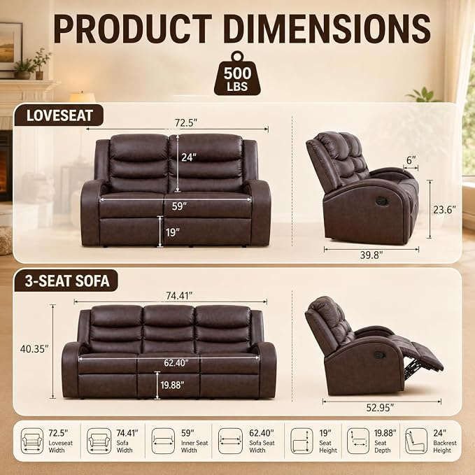 Recliner Sofa Set 2 Piece Living Room Furniture Set Couch Sectional Leather - Image 2
