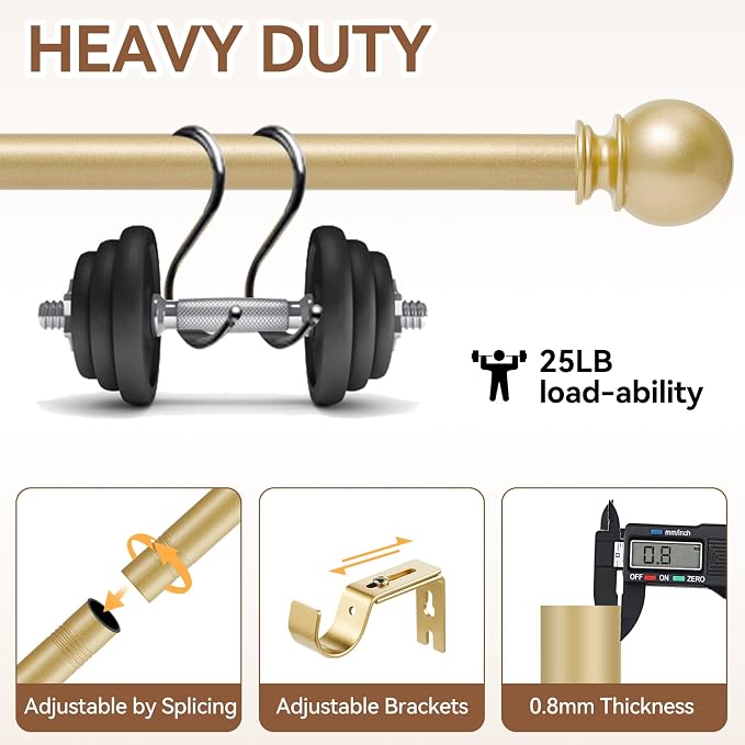 Gold Curtain Rod for Windows 28 to 48 Inch, 5/8 Inch Diameter Heavy Duty - Image 3