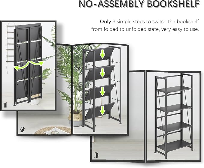 4NM No Assembly Folding Bookshelf Storage Shelves 4 Tiers Vintage Bookcase - Image 6