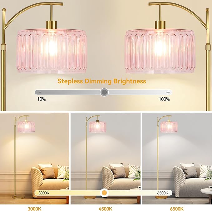 QIYIZM Pink Floor Lamp for Living Room, Mid Century Modern Brass Tall Lamp Boho - Image 2