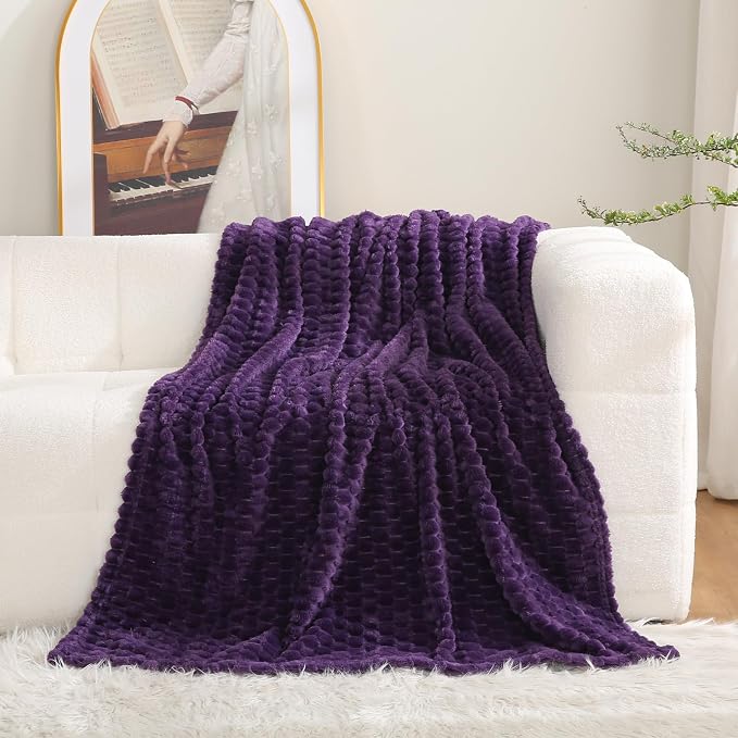 Puncuntex Deep Purple Throw Blanket 90"×90" inches Fuzzy 3D Jacquard Decorative - Image 2