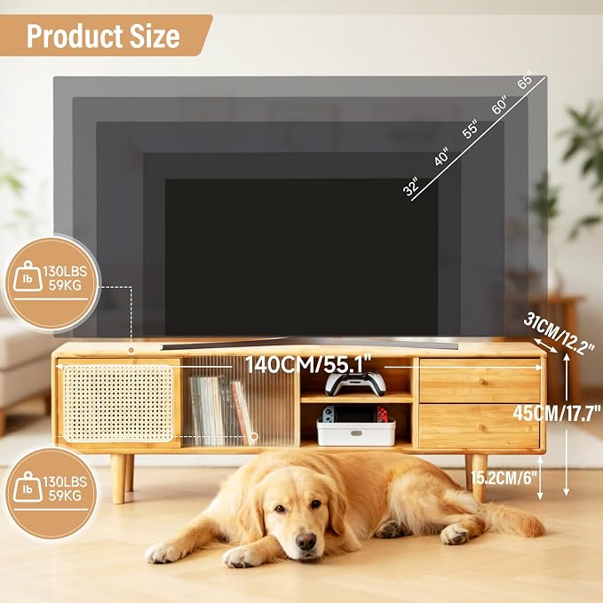 Tiita Rattan TV Stand for 55 60 Inch TV, Bamboo TV Cabinet - Image 2