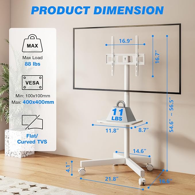 Rolling TV Stand with Shelf for 23-65/32-85 inch TVs up to 88lbs, Portable - Image 9