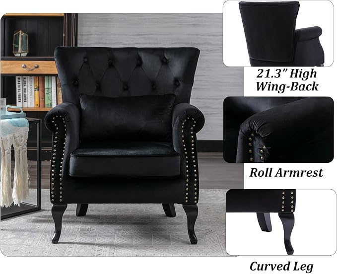 Set of 2 Mid-Century Modern Accent Chair, Velvet Armchair w/Tufted Back/Wood - Image 4