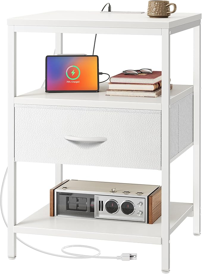 SUPERJARE Nightstand with Charging Station, 17.7 Inches Wider Side Table by SUPERJARE