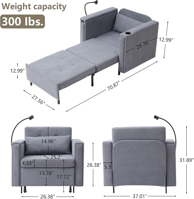 LEVNARY 3-in-1 Convertible Sleeper Chair Pull Out Bed, Single Sofa Chair Sleeper - Image 2