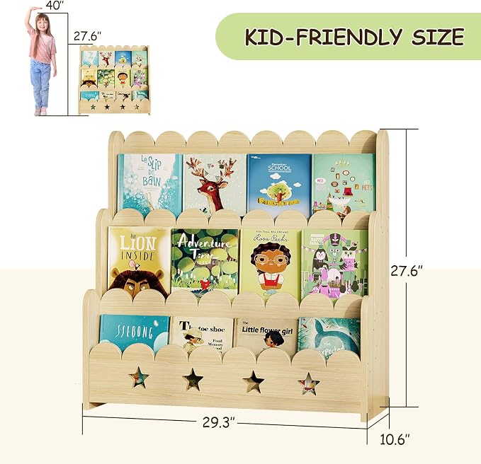 EXPERLAM Scalloped Kids Bookshelf, 3-Tier Front Facing Toddler Bookshelf - Image 2