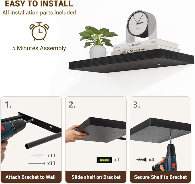 Acovy 40 Inch Floating Shelves, 3D Textured Wood Grain, Wooden Shelves - Image 6