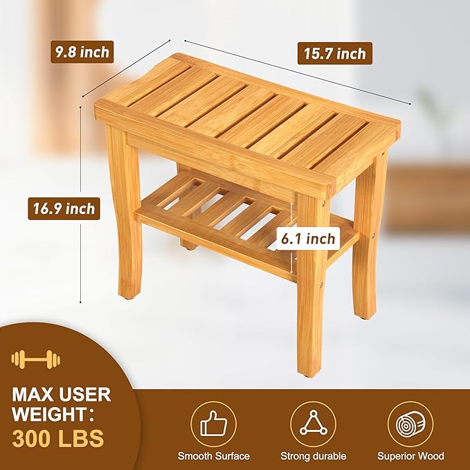 Bamboo Shower Bench Stool with Storage Shelf Waterproof Shower Chair Spa Bath - Image 6