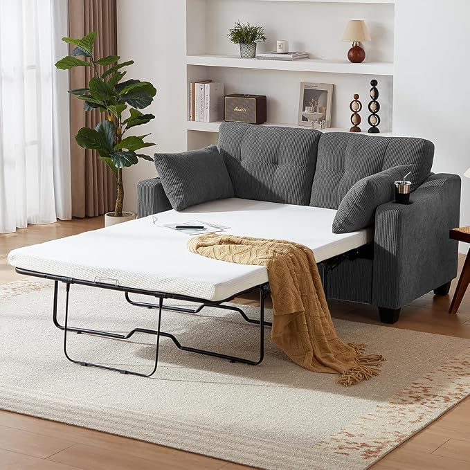 Full Size Pull Out Sleeper Sofa Bed, 2-in-1 Convertible Corduroy Pull Out Couch - Image 2