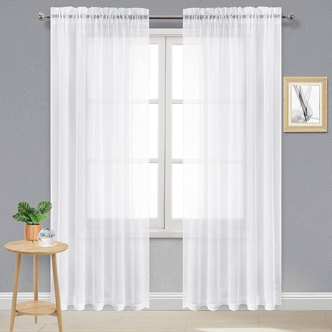 DWCN White Sheer Curtains 96 inch Length 2 Panels Set, Elegant Rod Pocket Solid by DWCN