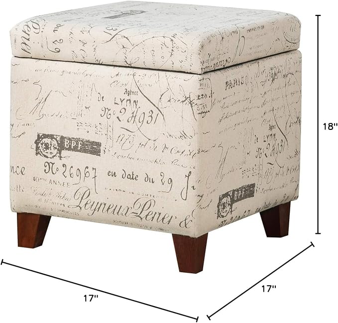 Adeco Fabric Script Pattern Cube Storage Footstool, Hinged Lid, Solid Wood Legs - Image 8