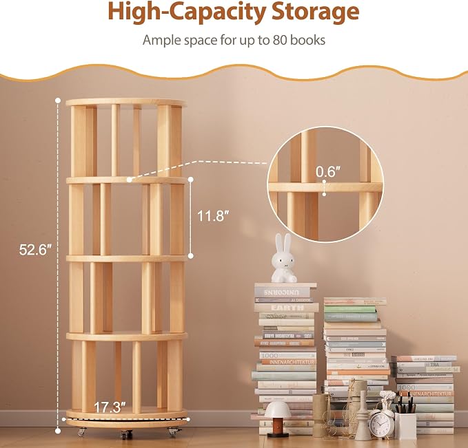 Muwuele Solid Wood Rotating Bookshelf on Wheels, 4 Tier, Round Revolving - Image 2
