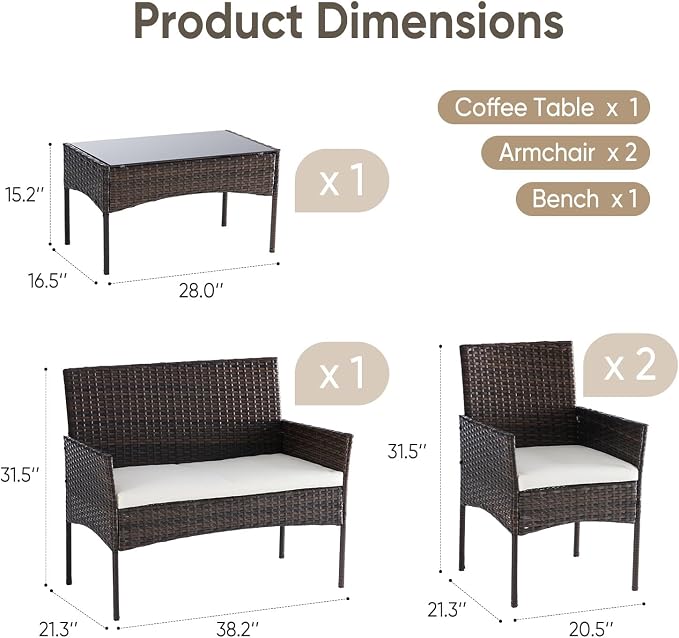 DUMOS 4 Piece Patio Furniture Set, All-Weather Outdoor Wicker Conversation Set - Image 7