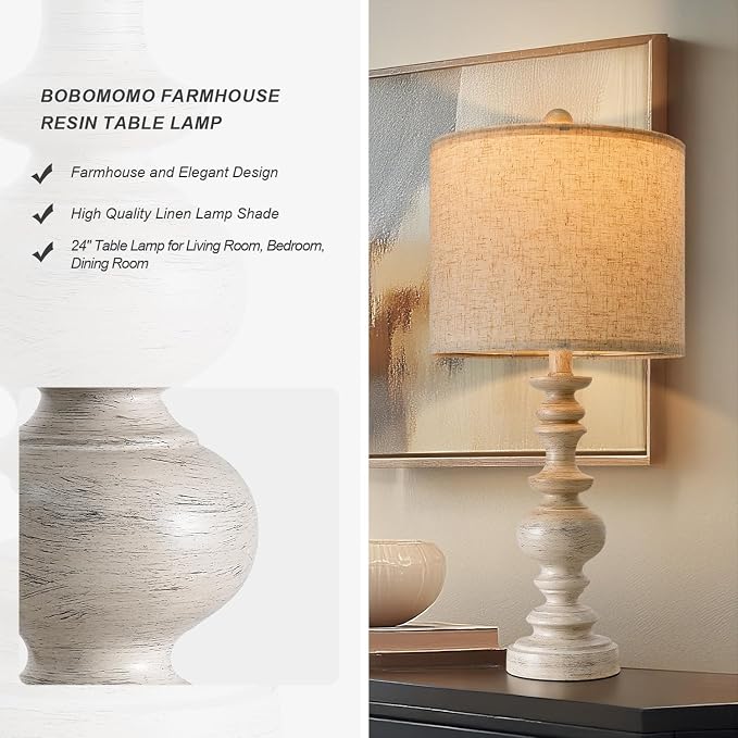 BOBOMOMO 24" Farmhouse Resin Table Lamp Set of 2, Vintage Lamps - Image 2