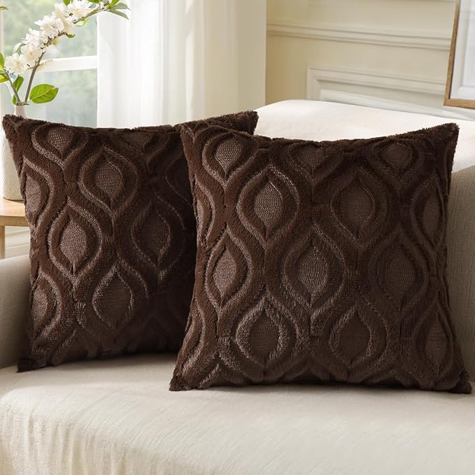 decorUhome Throw Pillow Covers 20x20 Inch Set of 2, Soft Plush Faux Wool Dark by decorUhome