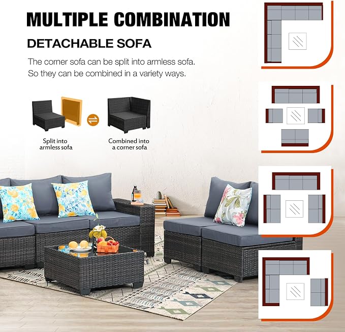 JOYURE 8 Pieces Patio Furniture Set All-Weather Outdoor Wicker Sectional - Image 6