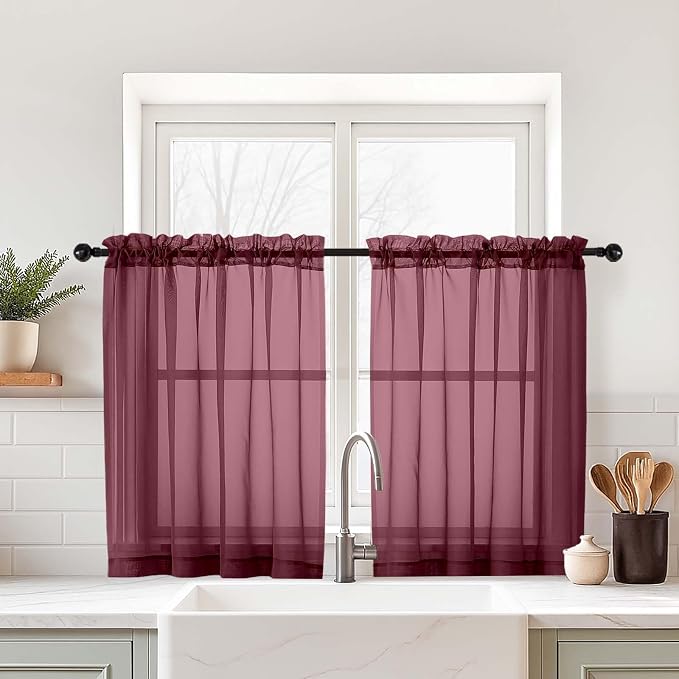 Burgundy Sheer Curtains Tier 30 Inches Length 2 Panels Set, Light Filtering by Home