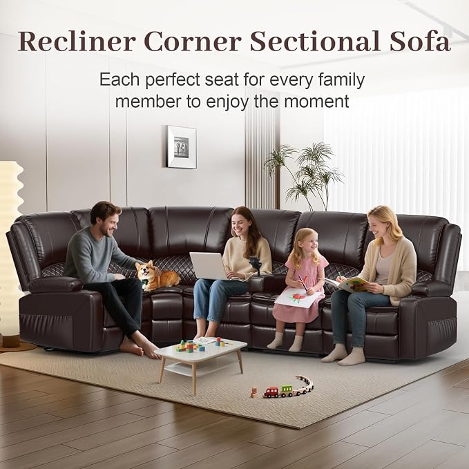 Yolsali Manual Reclining Sectional Sofa Set, 5 Seats 1+1+3 Leather Reclining - Image 3