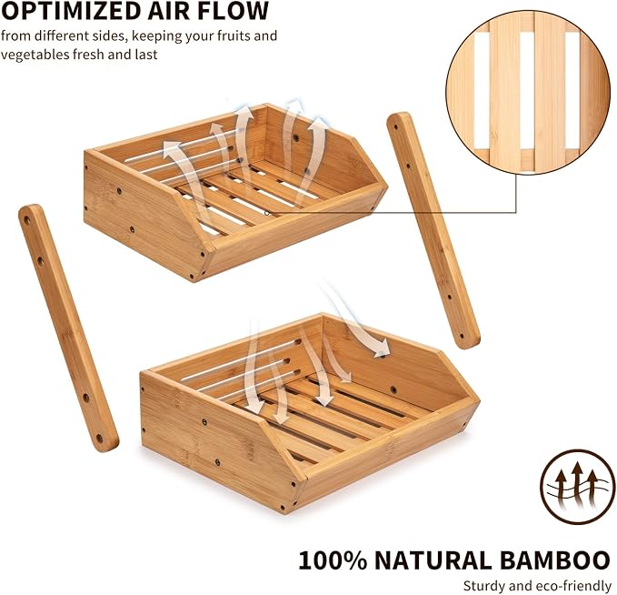 Merysen 2 Tier Fruit Basket For Kitchen- Bamboo Fruit and Vegetable Storage - Image 5