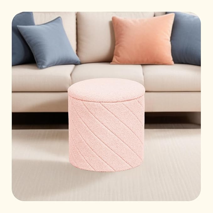 PINPLUS Ottoman with Stroage Round Boucle Ottoman and Tray Sherpa Removable - Image 6