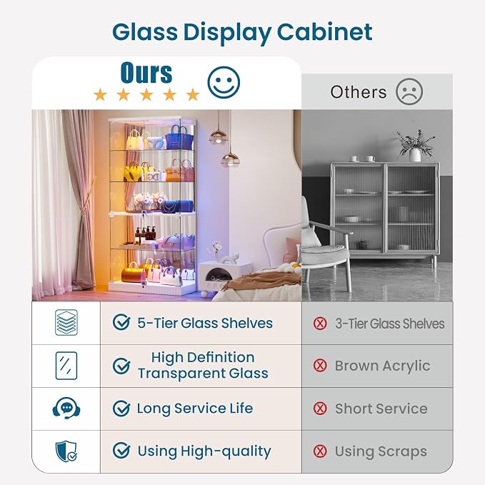 HNEBC 5 Tier Glass Display Cabinet, 66.9" Curio Cabinet - Image 5