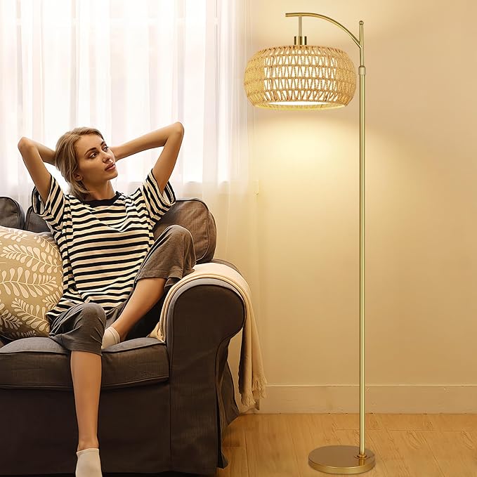 ZECOXOL Gold Floor Lamps for Living Room Rattan Boho Floor Lamp - Image 7