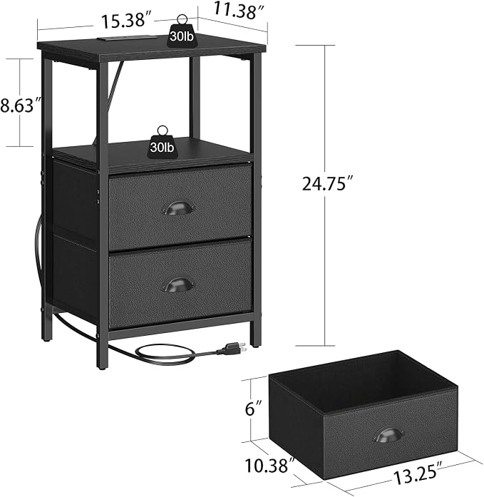 sthmec Nightstand with Charging Station, Night Stand with 2 Fabric Drawers PU - Image 3