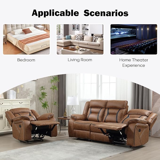 EBELLO Manual Recliner Sofa Set, Faux Leather Reclining Living Room Furniture - Image 6
