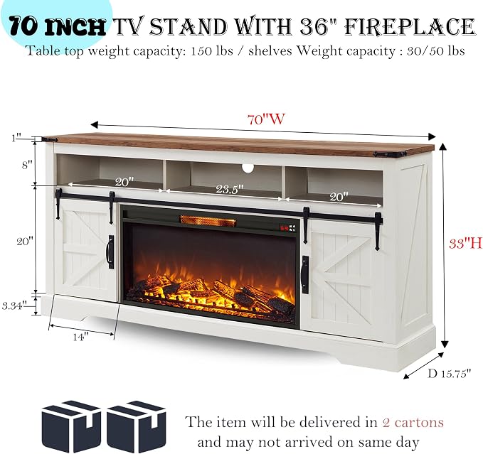 OKD Fireplace TV Stand for 80 Inch TV, Rustic Media Console w/Sliding Barn Door - Image 2