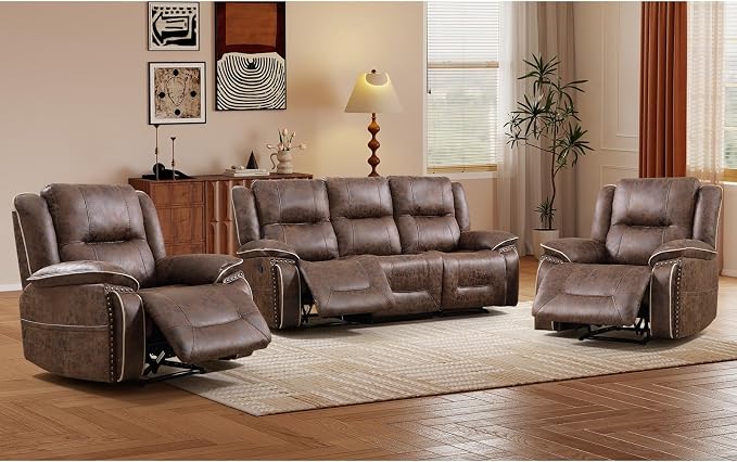 EBELLO Faux Leather Manual Recliner Sofa Set, Double 1 Seat Reclining Chair - Image 6