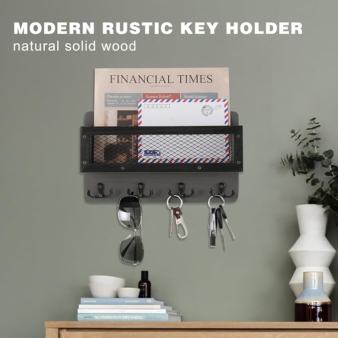 ADIIL Mail and Key Holder for Wall Decorative, Wooden Wall Mount Key Rack - Image 3
