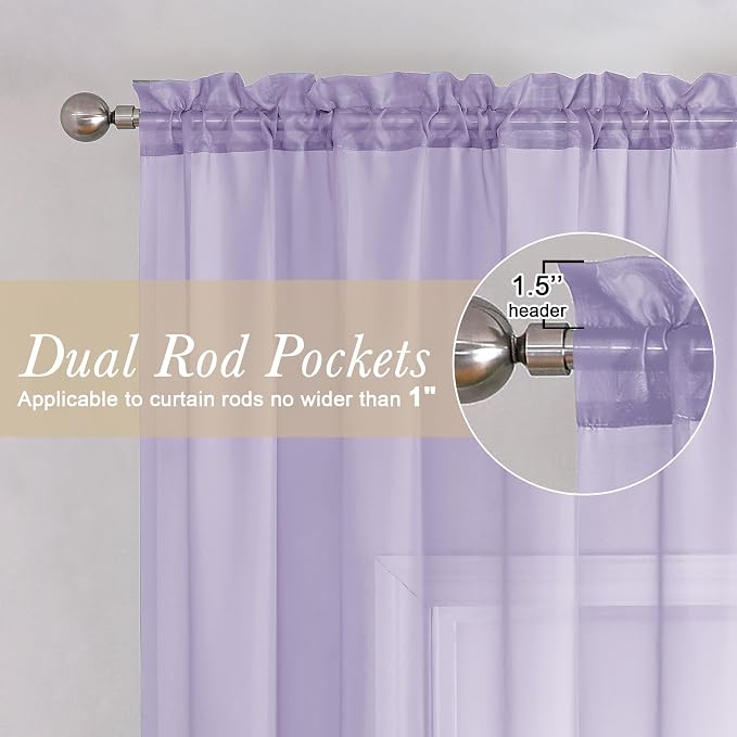 Lecloud 72 Inch Light Purple Sheer Curtains & Panels Set of 2, Airy & - Image 2