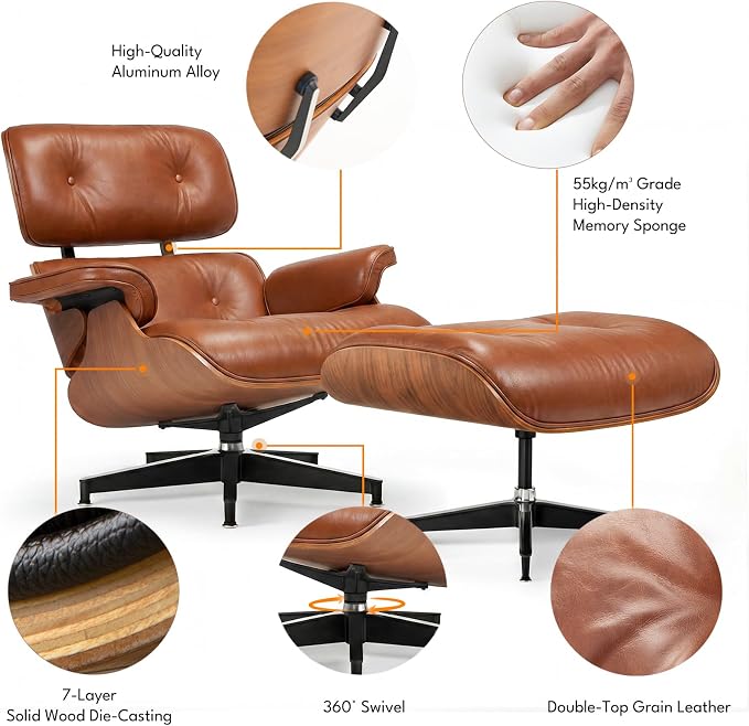 Top Grain Leather, Mid Century Chaise Lounge Chair and Ottoman, Reading Chair - Image 4