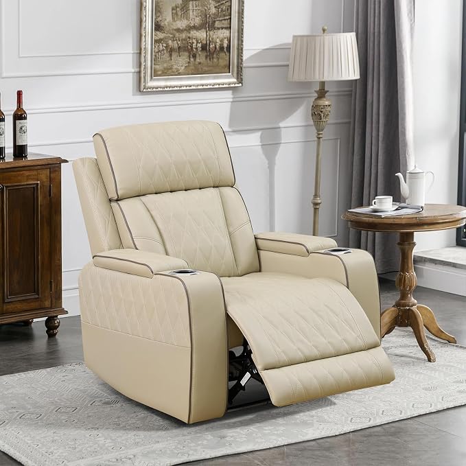 Power Recliner Chair with LED Lights, Leather Manual Recliner 1 Seat, Living - Image 3
