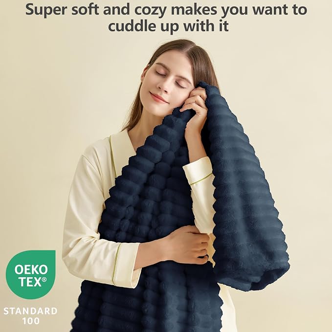 HIMEET Navy Blue Ribbed Queen Size Blanket - Image 2