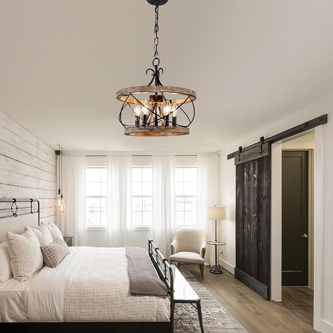 15.7" Farmhouse Chandelier, 5-Light Rustic Drum Chandelier Light Fixture Over - Image 2