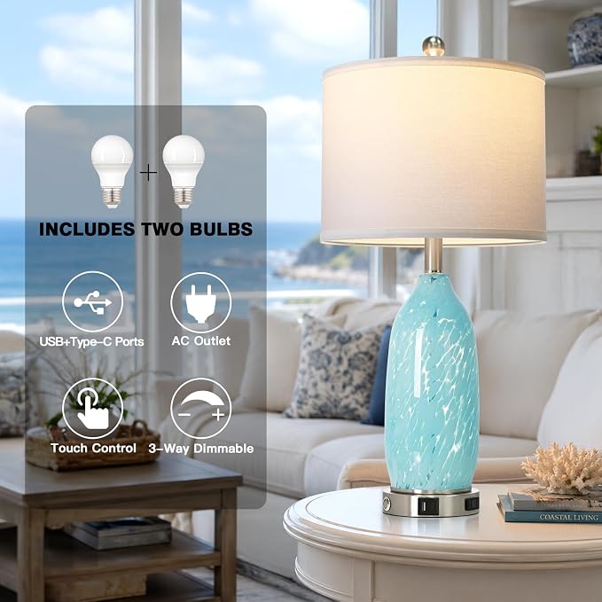 Rinweey 26" Bule Glass Table Lamps Set of 2, Nautical lamp - Image 2