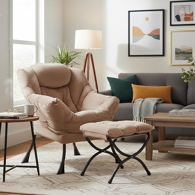 Welnow Lazy Chair with Ottoman, Modern Accent Chair with Armrests and a Side - Image 9