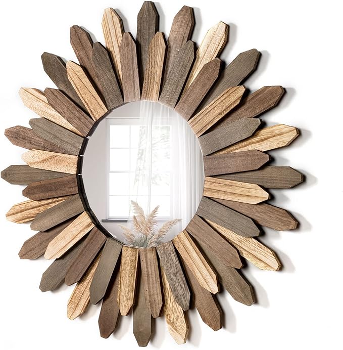 Honiway Boho Wall Decor 21 inch Wall Mirror Rustic Wood Decorative Mirror by Honiway