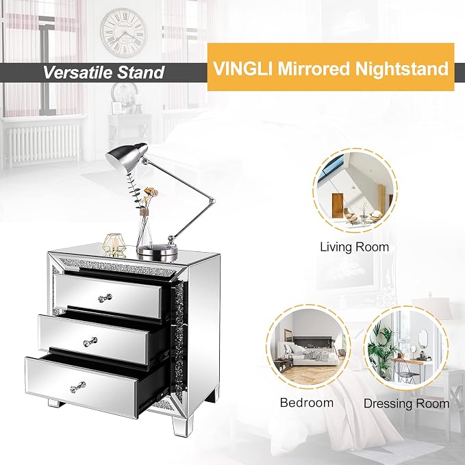 VINGLI Mirrored Nightstand Glass End Table, Mirrored Bedside Table - Image 8